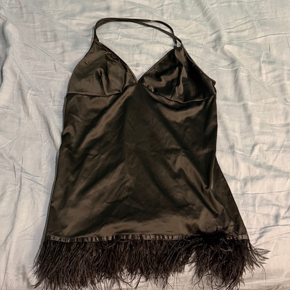 Sleek Black Satin Chemise with Feather Hem